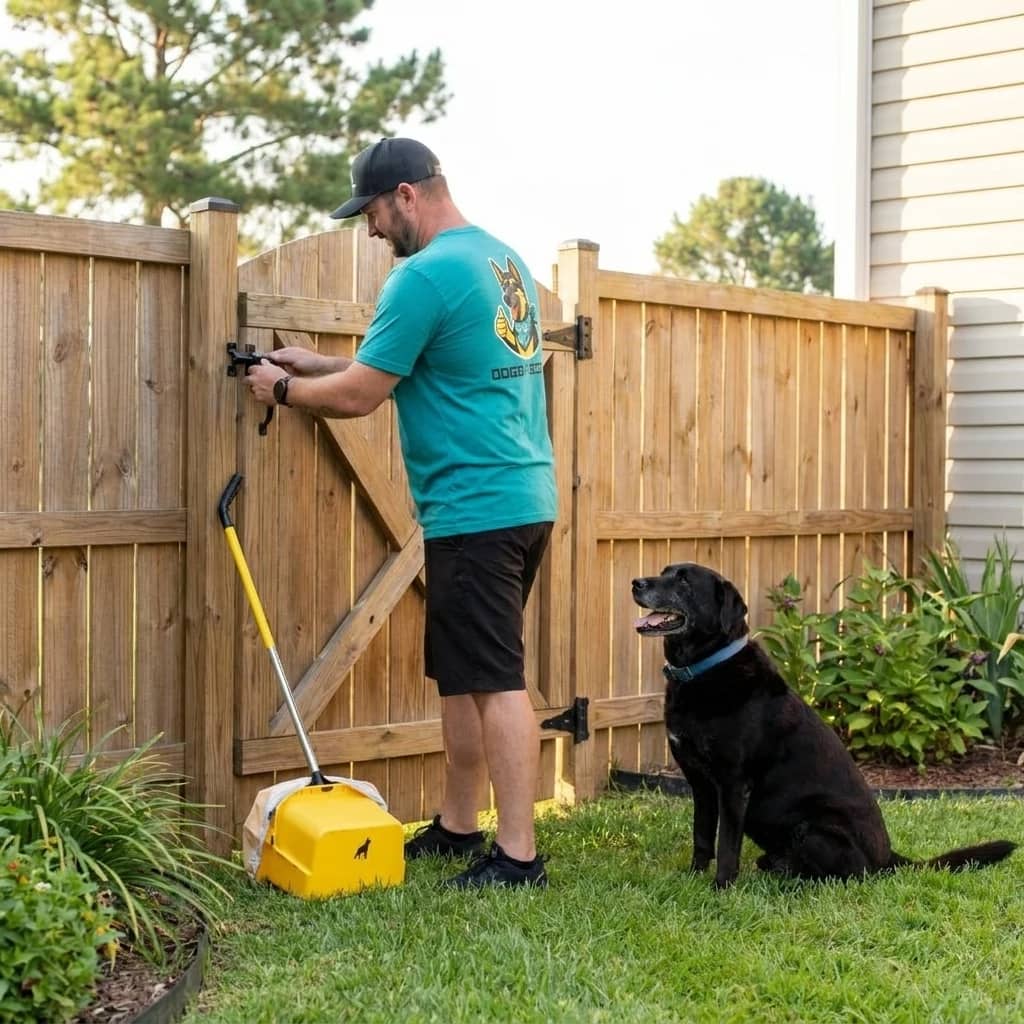 Doggy Scoop technician confirming a secure gate after service