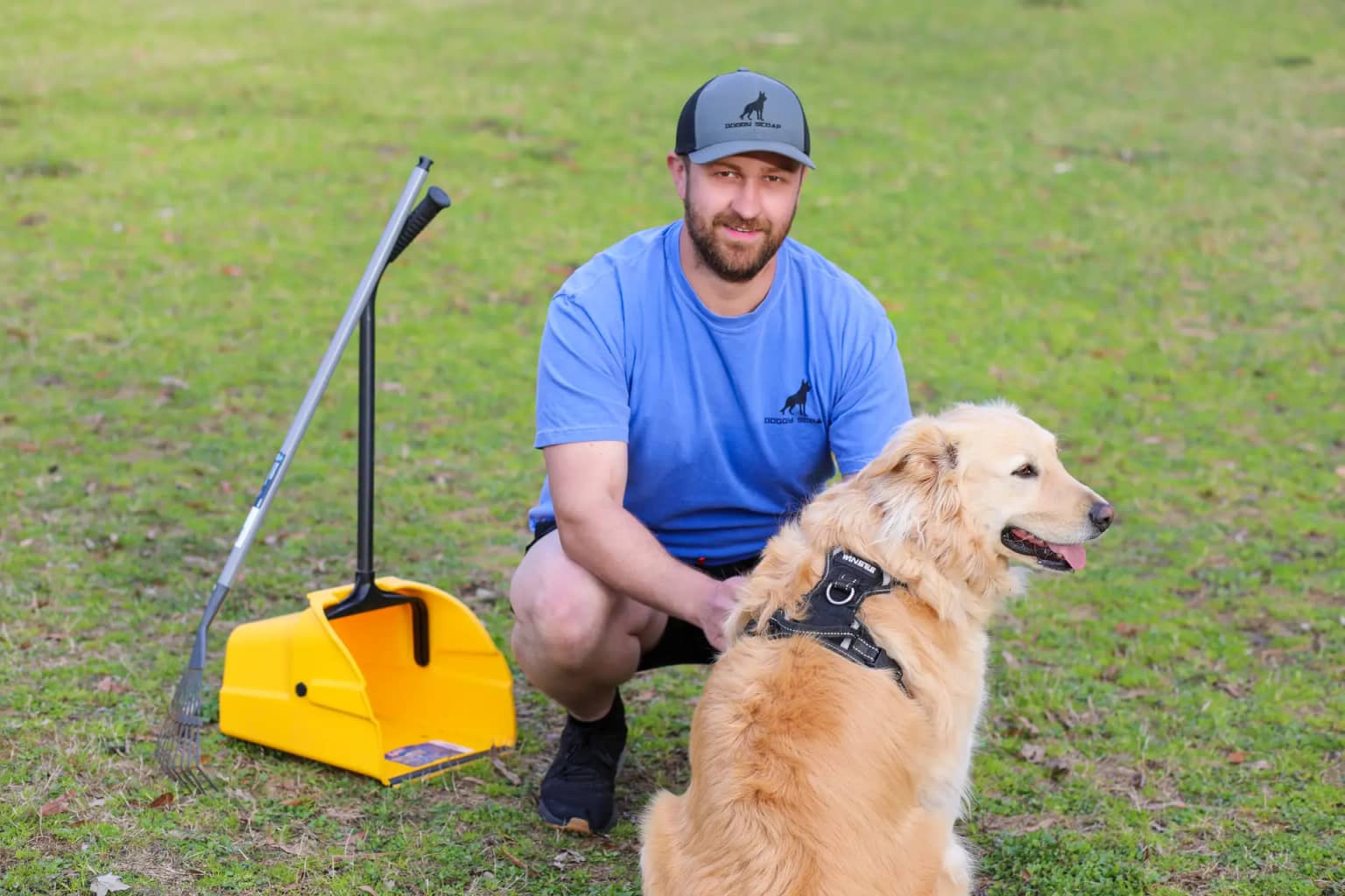 Doggy Scoop technician with dog and cleanup equipment