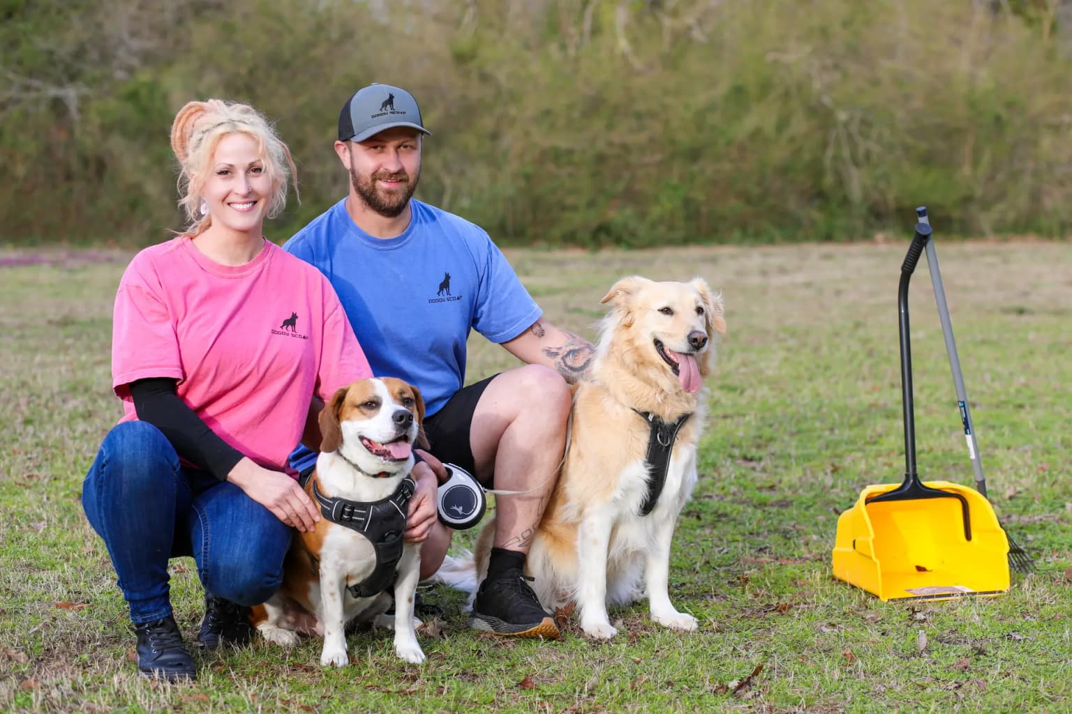 Doggy Scoop local team with dogs and cleanup equipment